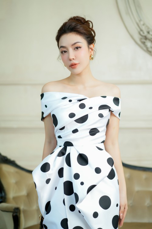 Sixdo White Polka Dots Midi Taffeta Dress